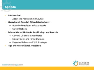 Agenda 
• Introduction 
– About the Petroleum HR Council 
• Overview of Canada’s Oil and Gas Industry 
– How the Petroleum Industry Works 
– Career Options 
• Labour Market Outlooks: Key Findings and Analysis 
– Current Oil and Gas Workforce 
– Employment and Hiring Outlook 
– Projected Labour and Skill Shortages 
• Tips and Resources for Jobseekers 
 