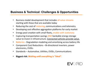 Business & Technical: Challenges & Opportunities
•  Business	
  model	
  development	
  that	
  includes	
  all	
  value	
  streams	
  
star1ng	
  with	
  those	
  that	
  are	
  available	
  today	
  
•  Reducing	
  the	
  cost	
  of	
  metering,	
  communica1ons	
  and	
  telemetry	
  
•  Developing	
  cost	
  eﬀec1ve	
  aggrega1on	
  plalorms	
  for	
  early	
  market	
  
•  Energy	
  pool	
  crea1on	
  with	
  small	
  ﬂeets,	
  enable	
  with	
  sta1onary	
  
•  Capturing	
  transporta1on	
  savings	
  AND	
  bankable	
  energy	
  storage	
  
value	
  to	
  invest	
  in	
  infrastructure.	
  Connected	
  vehicles	
  provide	
  value.	
  
•  Ba;eries	
  -­‐	
  Degrada1on	
  modeling	
  and	
  amor1zing	
  across	
  ba;ery	
  life	
  
•  Component	
  Cost	
  Reduc1ons	
  –	
  Bi-­‐direc1onal	
  inverters,	
  power	
  
electronics,	
  EVSEs	
  
•  Standards	
  –	
  Automo1ve,	
  U1li1es,	
  EVSEs,	
  Communica1ons	
  
•  Biggest	
  risk:	
  Wai7ng	
  un7l	
  everything	
  is	
  “Ideal”.	
  
 