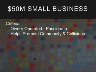 $50M SMALL BUSINESS 
Criteria 
Owner Operated - Passionate 
Helps Promote Community & Collisions 
 