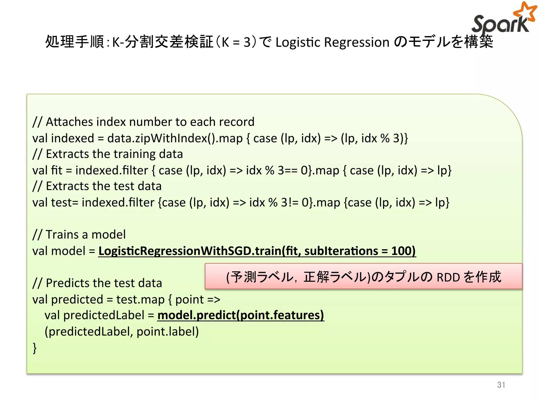 処理手順：K-分割交差検証（K = 3）でLogistic Regression のモデルを構築 
(予測ラベル，正解ラベル)のタプルのRDD を作成 
31 
// Attaches index number to each record 
val indexed = data.zipWithIndex().map { case (lp, idx) => (lp, idx % 3)} 
// Extracts the training data 
val fit = indexed.filter { case (lp, idx) => idx % 3== 0}.map { case (lp, idx) => lp} 
// Extracts the test data 
val test= indexed.filter {case (lp, idx) => idx % 3!= 0}.map {case (lp, idx) => lp} 
// Trains a model 
val model = LogisticRegressionWithSGD.train(fit, subIterations = 100) 
// Predicts the test data 
val predicted = test.map { point => 
val predictedLabel = model.predict(point.features) 
(predictedLabel, point.label) 
} 
 