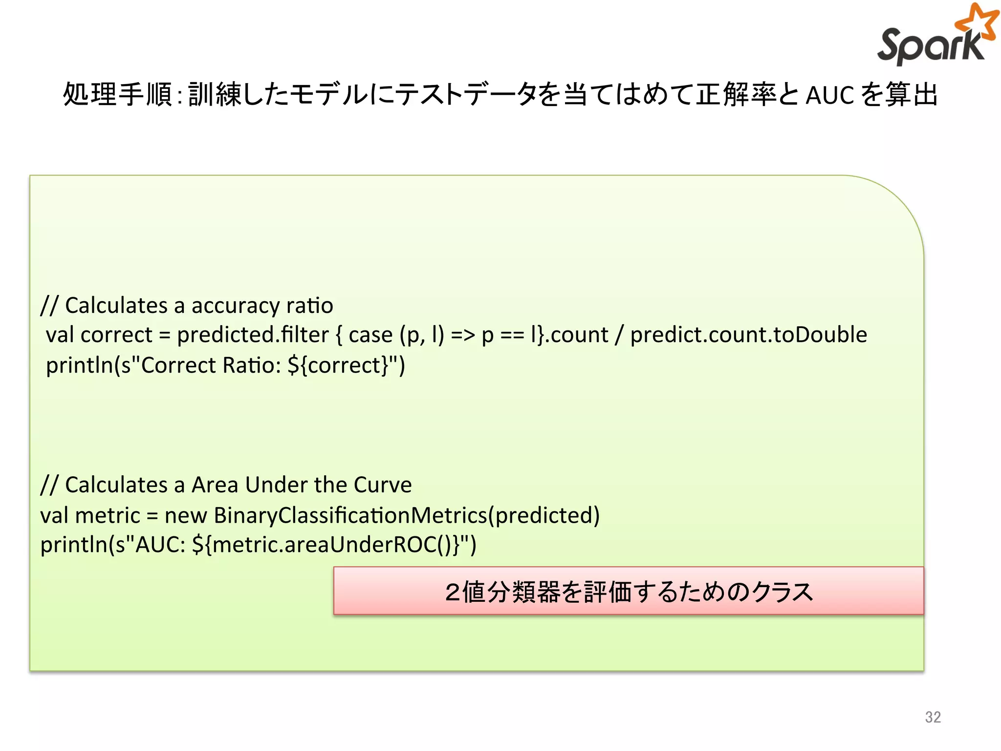 処理手順：訓練したモデルにテストデータを当てはめて正解率とAUC を算出 
32 
// Calculates a accuracy ratio 
val correct = predicted.filter { case (p, l) => p == l}.count / predict.count.toDouble 
println(s"Correct Ratio: ${correct}") 
// Calculates a Area Under the Curve 
val metric = new BinaryClassificationMetrics(predicted) 
println(s"AUC: ${metric.areaUnderROC()}") 
２値分類器を評価するためのクラス 
 