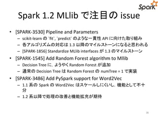 Spark 1.2 MLlib で注目のissue 
• [SPARK-3530] Pipeline and Parameters 
– scikit-learn の`fit`, `predict` のような一貫性API に向けた取り組み 
– 各アルゴリズムの対応は1.3 以降のマイルストーンになると思われる 
– [SPARK-1856] Standardize MLlib interfaces が1.3 のマイルストーン 
• [SPARK-1545] Add Random Forest algorithm to Mllib 
– Decision Tree に，ようやくRandom Forest が追加 
– 通常のDecision Tree はRandom Forest のnumTree = 1 で実装 
• [SPARK-3486] Add PySpark support for Word2Vec 
– 1.1 系のSpark のWord2Vec はスケールしにくいし，機能として不十 
分 
– 1.2 系以降で処理の改善と機能拡充が期待 
36 
 