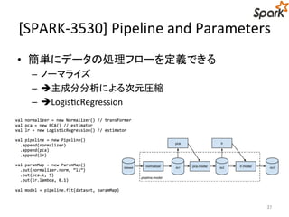 [SPARK-3530] Pipeline and Parameters 
• 簡単にデータの処理フローを定義できる 
– ノーマライズ 
– 主成分分析による次元圧縮 
– LogisticRegression 
37 
 