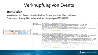 Verknüpfung 
von 
Events 
transac?on 
Korrela1on 
von 
Events 
innerhalb 
eines 
Datentyps 
oder 
über 
mehrere 
Datetypen 
hinweg. 
Hier 
anhand 
einer 
eindeu1gen 
JSESSIONID: 
19 
 