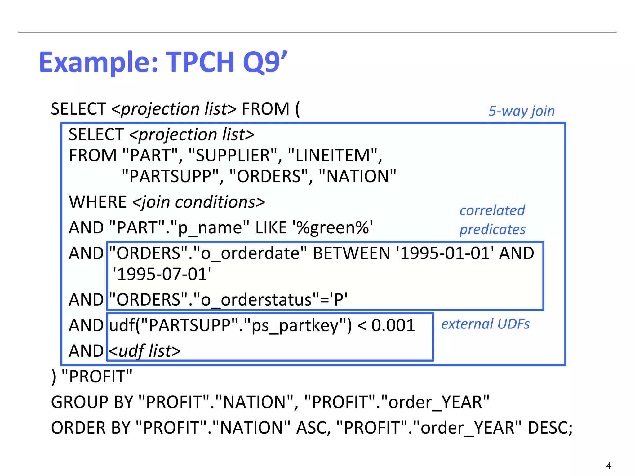 4 
SELECT <projection list> FROM ( 
SELECT <projection list> 
FROM "PART", "SUPPLIER", "LINEITEM", 
"PARTSUPP", "ORDERS", "NATION" 
5-way join 
WHERE <join conditions> 
AND "PART"."p_name" LIKE '%green%' 
AND "ORDERS"."o_orderdate" BETWEEN '1995-01-01' AND 
'1995-07-01' 
correlated 
predicates 
AND "ORDERS"."o_orderstatus"='P' 
AND udf("PARTSUPP"."ps_partkey") < 0.001 
external UDFs 
AND <udf list> 
) "PROFIT" 
GROUP BY "PROFIT"."NATION", "PROFIT"."order_YEAR" 
ORDER BY "PROFIT"."NATION" ASC, "PROFIT"."order_YEAR" DESC; 
Example: TPCH Q9’ 
 