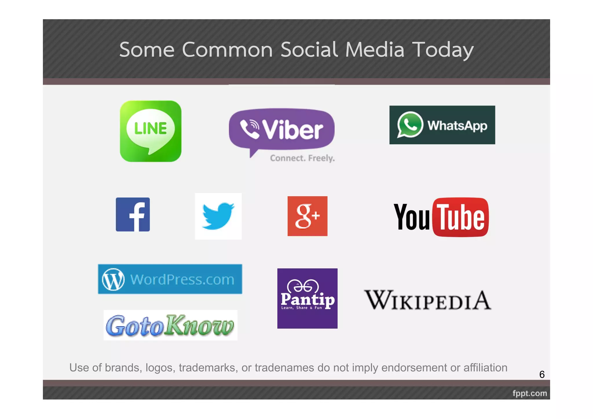 6 
Some Common Social Media Today 
Use of brands, logos, trademarks, or tradenames do not imply endorsement or affiliation 
 
