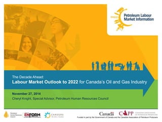 The Decade Ahead: 
Labour Market Outlook to 2022 for Canada’s Oil and Gas Industry 
November 27, 2014 
Cheryl Knight, Special Advisor, Petroleum Human Resources Council 
Funded in part by the Government of Canada and the Canadian Association of Petroleum Producers 
 