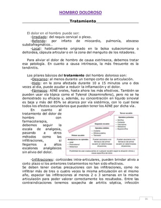 HOMBRO DOLOROSO 
16 
____________________Tratamiento__________________ 
El dolor en el hombro puede ser: 
-Irradiado: del raquis cervical o plexo. 
-Referido: por infarto de miocardio, pulmonía, absceso 
subdiafragmático… 
-Local: habitualmente originado en la bolsa subacromiana o 
deltoidea, cápsula articular o en la zona del manguito de los rotadores. 
Para aliviar el dolor de hombro de causa extrínseca, debemos tratar 
esa patología. En cuanto a causa intrínseca, la más frecuente es la 
tendinitis. 
Los pilares básicos del tratamiento del hombro doloroso son: 
-Descanso: al menos durante un tiempo corto de la articulación. 
-Hielo: en la zona afectada durante 10 a 15 minutos una o dos 
veces al día, puede ayudar a reducir la inflamación y el dolor. 
-Fármacos: AINE orales, hasta ahora los más efectivos. También se 
pueden usar vía tópica como el Tylenol (Aceaminofeno), pero no se ha 
demostrado su eficacia y, además, su concentración en líquido sinovial 
es baja y más del 85% se alcanza por vía sistémica, con lo cual tiene 
todos los efectos secundarios que pueden tener los AINE por dicha vía. 
En cuanto al 
tratamiento del dolor de 
hombro con 
farmacoterapia, 
debemos seguir la 
escala de analgesia, 
pasando a otros 
métodos como las 
infiltraciones, si 
llegamos a altos 
escalones analgésicos 
sin alivio del dolor. 
-Infiltraciones: corticoides intra-articulares, pueden brindar alivio a 
corto plazo si los anteriores tratamientos no han sido efectivos. 
Se deben tener ciertas precauciones con las infiltraciones, como no 
infiltrar más de tres o cuatro veces la misma articulación en el mismo 
año, espaciar las infiltraciones al menos 2 o 3 semanas en la misma 
articulación para poder valorar correctamente los resultados. Entre las 
contraindicaciones tenemos sospecha de artritis séptica, infección 
 
