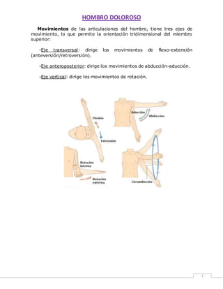 HOMBRO DOLOROSO 
7 
Movimientos de las articulaciones del hombro, tiene tres ejes de 
movimiento, lo que permite la orientación tridimensional del miembro 
superior: 
-Eje transversal: dirige los movimientos de flexo-extensión 
(anteversión/retroversión). 
-Eje anteroposterior: dirige los movimientos de abducción-aducción. 
-Eje vertical: dirige los movimientos de rotación. 
 