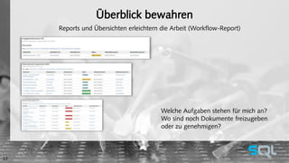 Überblick bewahren 
Reports und Übersichten erleichtern die Arbeit (Workflow-Report) 
17 
Welche Aufgaben stehen für mich an? 
Wo sind noch Dokumente freizugeben 
oder zu genehmigen? 
 