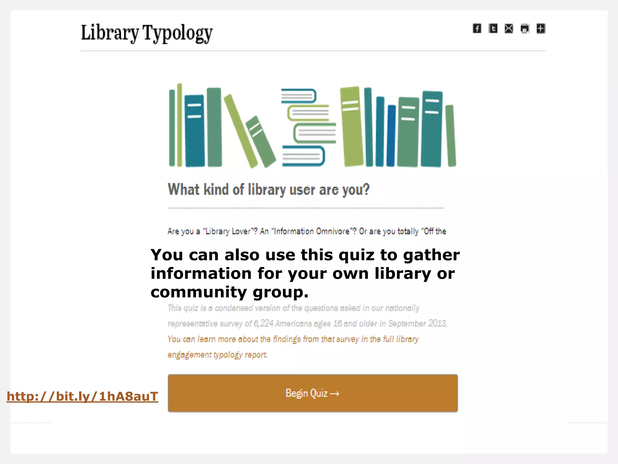 You can also use this quiz to gather information for your own library or community group. 
http://bit.ly/1hA8auT  