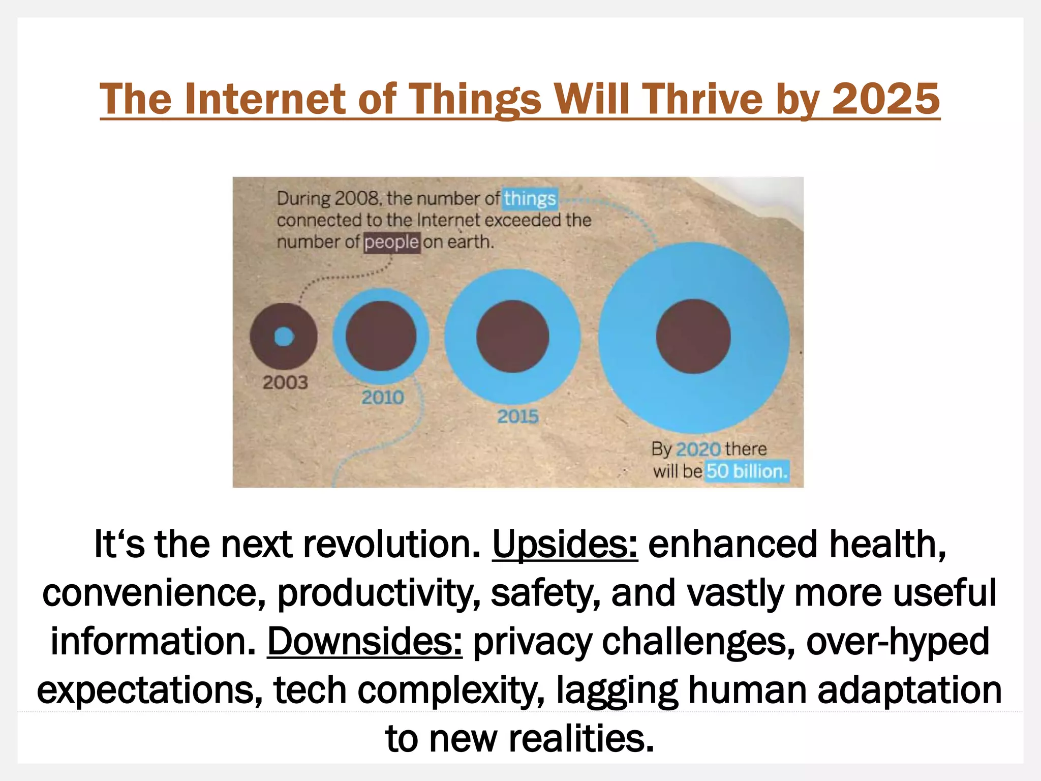 It‘s the next revolution. Upsides: enhanced health, convenience, productivity, safety, and vastly more useful information. Downsides: privacy challenges, over-hyped expectations, tech complexity, lagging human adaptation to new realities. 
The Internet of Things Will Thrive by 2025  