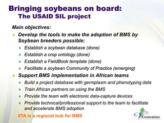 Main objectives: 
♦ 
Develop the tools to make the adoption of BMS by Soybean breeders possible: 
♦ 
Establish a soybean database (done) 
♦ 
Establish a crop ontology (done) 
♦ 
Establish a FieldBook template (done) 
♦ 
Facilitate a soybean Community of Practice (emerging) 
♦ 
Support BMS implementation in African teams 
♦ 
Build a project database with germplasm and phenotyping data 
♦ 
Train African partners on using the BMS 
♦ 
Provide the team with electronic data-capture devices 
♦ 
Provide technical/professional support to the team to facilitate and accelerate BMS adoption 
Bringing soybeans on board: The USAID SIL project 
IITA is a regional hub for BMS  