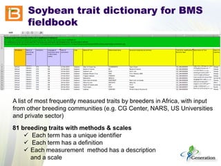 Soybean trait dictionary for BMS fieldbook 
81 breeding traits with methods & scales 
 
Each term has a unique identifier 
 
Each term has a definition 
 
Each measurement method has a description and a scale 
A list of most frequently measured traits by breeders in Africa, with input from other breeding communities (e.g. CG Center, NARS, US Universities and private sector)  