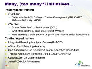 Postgraduate training 
♦ 
MSc Level 
♦ 
Gates Initiative: MSc Training in Cultivar Development (ISU, KNUST, Makerere University, UKZN) 
♦ 
PhD level 
♦ 
African Centre for Crop Improvement (ACCI) 
♦ 
West Africa Centre for Crop Improvement (WACCI) 
♦ 
Plant Breeding Knowledge Alliance (European initiative, under development) 
Continuing education 
♦ 
Integrated Breeding Multiyear Course (IB–MYC) 
♦ 
African Plant Breeding Academy 
♦ 
One Agriculture–One Science: A Global Education Consortium 
♦ 
Tropical Agriculture Platform (TAP) a G20/FAO initiative 
♦ 
Capacity.org: an UNDP initiative 
♦ 
Joint FAO/IAEA Programme 
etc. 
Many, (too many?) initiatives….  
