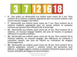 • 3 : Tout public ou déconseillé aux enfant ayant moins de 3 ans. Peut 
contenir de la violence modérée appropriée pour les jeunes enfants, mais 
aucun mauvais langage n'est toléré. 
• 7 : Déconseillé aux enfants ayant moins de 7 ans. Peut contenir de la 
violence modérée appropriée pour les jeunes enfants et quelques 
contenus qui peuvent être effrayant dès le jeune âge. 
• 12 : Déconseillé aux enfants ayant moins de 12 ans. Peut contenir de la 
violence, un mauvais langage modéré, des jeux de hasard, et quelques 
références à caractère érotique. 
• 16 : Déconseillé aux enfants ayant moins de 16 ans. Peut contenir de la 
violence explicite, un mauvais langage, des références ou contenus à 
caractères sexuels, des jeux de hasard ou l'utilisation de drogues 
(encouragement). 
• 18 : Déconseillé aux enfants ayant moins de 18 ans. Peut contenir de la 
violence graphique, incluant « violence envers des personnes sans 
défense », langage vulgaire, contenu à caractère fortement sexuel, jeux de 
hasard, utilisation de drogues ou discrimination. 
Animation jeunesse et jeux vidéos 
Cybercentre Centre Mauges 
 