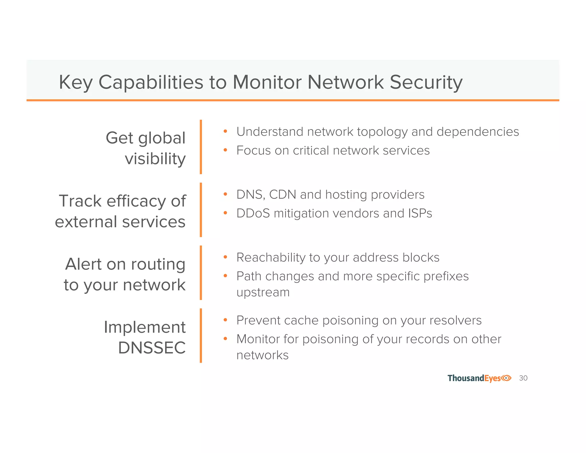 • Understand network topology and dependencies 
• Focus on critical network services 
30 
Key Capabilities to Monitor Network Security 
• Reachability to your address blocks 
• Path changes and more specific prefixes 
upstream 
Get global 
visibility 
Alert on routing 
to your network 
• DNS, CDN and hosting providers 
• DDoS mitigation vendors and ISPs 
Track efficacy of 
external services 
Implement 
DNSSEC 
• Prevent cache poisoning on your resolvers 
• Monitor for poisoning of your records on other 
networks 
 