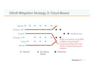 19 
DDoS Mitigation Strategy 3: Cloud-Based 
Sydney 
Portland, OR 
London YourBank.com 
Chicago, IL 
Tokyo 
Atlanta 
Traffic is rerouted, using DNS 
or BGP, to cloud-based 
scrubbing centers and ‘real’ 
traffic is routed back to your 
network 
Internet Scrubbing Enterprise 
Center 
 