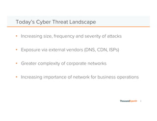 2 
Today’s Cyber Threat Landscape 
• Increasing size, frequency and severity of attacks 
• Exposure via external vendors (DNS, CDN, ISPs) 
• Greater complexity of corporate networks 
• Increasing importance of network for business operations 
 
