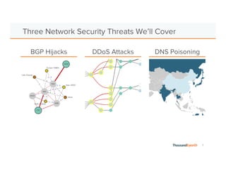 7 
Three Network Security Threats We’ll Cover 
BGP Hijacks DDoS Attacks DNS Poisoning 
 