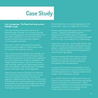 Case Study 
10 
In an average year, The Kings Fund sends 
around 700,000 emails. 
With each contact receiving as many as 29 
separate types of emails, it is not surprising that 
many were disengaging.The communications team 
knew they needed to be more sensitive to their 
contacts needs and provide better targeted 
communications. But how? 
Saul Harris, Head of Marketing and Corporate 
Communications called on Purple Vision to help. 
We turned to their data for answers. 
They stored contact details (including job title and 
organisation) for some 60,000 individuals. Event 
purchase and attendance records were available 
for some, but preferences not always updated on 
the Integra database system. They knew how 
many were receiving, opening and responding to 
emails from the analytics in their email system 
(Cheetah) but this information was stored 
separately. 
Exporting and combining the data from both the 
CRM and email systems delivered a much richer 
view of the actions of contacts. But because 
supporter relationships are based on more than 
just financial activities, typical segmentation 
models like recency/frequency/value did not apply. 
We needed to identify new measures that would 
provide more meaningful analysis and insight. 
We identified three new values, appropriate to the 
organisation - recency, engagement and quality. 
Recency addressed time lapses since most recent 
contact. Frequency identified the level of 
engagement and finally, a ladder of ‘potential 
influence’ was constructed to incorporate the value 
that The King’s Fund seeks from its relationships. 
Using these measures, we were able to take a 
data deep dive and generate eight statistically 
discreet groups or segments of the total audience, 
ranging from no contact to high and recent 
engagement, and of known high quality. 
Next we reviewed the historic data by month, 
enabling us to identify how contacts moved 
between the segments as they engaged (or 
disengaged) with the organisation. 
Comparing the relative size and stability of each 
segment provided clear indications of the success 
of marketing activities in engaging contacts at key 
stages in their relationship ‘journey’. 
As a result of these new insights all contacts now 
receive communications that are more appropriate 
in terms of quantity, tone and content. What’s 
more, the modelling is automatically integrated into 
the database system, so an ongoing monthly 
‘refresh’ keeps everything up to date! 
 