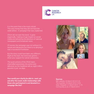 It is this point that is the most critical. 
This was money that they did not have the 
week before. A campaign that was 
unplanned. 
CRUK did not start the trend - it grew 
organically, making a huge impact on social 
media and attracting the attention of national 
newspapers and broadcast news. 
Of course, the campaign was not without it’s 
issues and detractors but there is no denying 
it was a successful fundraiser. 
But the story could have been very different. 
Right at the start, the trend was generic – 
show your support for cancer awareness. 
The quick actions of the CRUK team, 
channelled awareness into action and 
delivered, as the headlines tell us, eight 
million pounds in just six days 
How would your charity be able to 
react, act, and after the event, build 
relationships with those who 
participated in and donated to a 
campaign like this? 
Sources: 
BBC website, 22 March 2014 01:23 
The Guardian, 25 March 2014 13:34 
Daily Telegraph, 21 March 2014 11:19 
Civil Society.co.uk, 21 March 2014 
5 
 