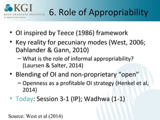 6. Role of Appropriability 
• OI inspired by Teece (1986) framework 
• Key reality for pecuniary modes (West, 2006; 
Dahlander & Gann, 2010) 
– What is the role of informal appropriability? 
(Laursen & Salter, 2014) 
• Blending of OI and non-proprietary “open” 
– Openness as a profitable OI strategy (Henkel et al, 
2014) 
• Today: Session 3-1 (IP); Wadhwa (1-1) 
Source: West et al (2014) 
 
