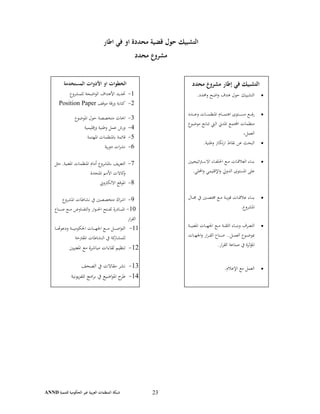 ‫ﻟﻠﺘﻨﻤﻴﺔ‬ ‫اﻟﺤﻜﻮﻣﻴﺔ‬ ‫ﻏﻴﺮ‬ ‫ﺑﻴﺔ‬‫ﺮ‬‫اﻟﻌ‬ ‫اﻟﻤﻨﻈﻤﺎت‬ ‫ﺷﺒﻜﺔ‬ANND 23
‫اﻃﺎر‬ ‫ﻓﻲ‬ ‫او‬ ‫ﻣﺤﺪدة‬ ‫ﻗﻀﻴﺔ‬ ‫ﺣﻮل‬ ‫اﻟﺘﺸﺒﻴﻚ‬
‫ﻣﺤﺪد‬ ‫ﻣﺸﺮوع‬
‫ﻣﺤﺪد‬ ‫ﻣﺸﺮوع‬ ‫إﻃﺎر‬ ‫ﻓﻲ‬ ‫اﻟﺘﺸﺒﻴﻚ‬
.‫وﳏﺪد‬ ‫اﺿﺢ‬‫و‬ ‫ﻫﺪف‬ ‫ﺣﻮل‬ ‫اﻟﺘﺸﺒﻴﻚ‬
‫ـﺪد‬‫ـ‬‫ـ‬‫ـ‬‫ـ‬‫ـ‬‫ﻋ‬‫و‬ ‫ـﺎت‬‫ـ‬‫ـ‬‫ـ‬‫ـ‬‫ـ‬‫ﻤ‬‫اﳌﻨﻈ‬ ‫ـﺎم‬‫ـ‬‫ـ‬‫ـ‬‫ـ‬‫ـ‬‫ﻤ‬‫اﻫﺘ‬ ‫ـﺘﻮى‬‫ـ‬‫ـ‬‫ـ‬‫ـ‬‫ـ‬‫ﺴ‬‫ﻣ‬ ‫ـﻊ‬‫ـ‬‫ـ‬‫ـ‬‫ـ‬‫ـ‬‫ﻓ‬‫ر‬
‫ـﻮع‬‫ـ‬‫ﺿ‬‫ﻣﻮ‬ ‫ـﺎﺑﻊ‬‫ـ‬‫ﺘ‬‫ﺗ‬ ‫ـﱵ‬‫ـ‬‫ﻟ‬‫ا‬ ‫اﳌﺪﱐ‬ ‫اﺠﻤﻟﺘﻤﻊ‬ ‫ﻣﻨﻈﻤﺎت‬
،‫اﻟﻌﻤﻞ‬
.‫وﻃﻨﻴﺔ‬ ‫ﺗﻜﺎز‬‫ر‬‫ا‬ ‫ﻧﻘﺎط‬ ‫ﻋﻦ‬ ‫اﻟﺒﺤﺚ‬
‫اﺗﻴﺠﻴﲔ‬‫ﱰ‬‫ـ‬‫ـ‬‫ـ‬‫ﺳ‬‫اﻻ‬ ‫ـﺎء‬‫ـ‬‫ـ‬‫ﻔ‬‫اﳊﻠ‬ ‫ـﻊ‬‫ـ‬‫ـ‬‫ﻣ‬ ‫ـﺎت‬‫ـ‬‫ـ‬‫ﻗ‬‫اﻟﻌﻼ‬ ‫ـﺎء‬‫ـ‬‫ـ‬‫ﻨ‬‫ﺑ‬
‫اﻹﻗﻠﻴ‬‫و‬ ‫اﻟﺪوﱄ‬ ‫اﳌﺴﺘﻮى‬ ‫ﻋﻠﻰ‬.‫اﶈﻠﻲ‬‫و‬ ‫ﻤﻲ‬
‫ـﺎل‬‫ـ‬‫ـ‬‫ﳎ‬ ‫ﰲ‬ ‫ـﲔ‬‫ـ‬‫ـ‬‫ﺼ‬‫ﳐﺘ‬ ‫ـﻊ‬‫ـ‬‫ـ‬‫ﻣ‬ ‫ـﺔ‬‫ـ‬‫ـ‬‫ﻳ‬‫ﻗﻮ‬ ‫ـﺎت‬‫ـ‬‫ـ‬‫ﻗ‬‫ﻋﻼ‬ ‫ـﺎء‬‫ـ‬‫ـ‬‫ﻨ‬‫ﺑ‬
.‫اﳌﺸﺮوع‬
‫ـﺔ‬‫ـ‬‫ـ‬‫ـ‬‫ـ‬‫ﻴ‬‫اﳌﻌﻨ‬ ‫ـﺎت‬‫ـ‬‫ـ‬‫ـ‬‫ـ‬‫ﻬ‬‫اﳉ‬ ‫ـﻊ‬‫ـ‬‫ـ‬‫ـ‬‫ـ‬‫ﻣ‬ ‫ـﺔ‬‫ـ‬‫ـ‬‫ـ‬‫ـ‬‫ﻘ‬‫اﻟﺜ‬ ‫ـﺎء‬‫ـ‬‫ـ‬‫ـ‬‫ـ‬‫ﻨ‬‫وﺑ‬ ‫ـﺮف‬‫ـ‬‫ـ‬‫ـ‬‫ـ‬‫ﻌ‬‫اﻟﺘ‬
‫ـﺎت‬‫ـ‬‫ـ‬‫ﻬ‬‫اﳉ‬‫و‬ ‫ار‬‫ﺮ‬‫ـ‬‫ـ‬‫ـ‬‫ﻘ‬‫اﻟ‬ ‫ـﻨﺎع‬‫ـ‬‫ـ‬‫ﺻ‬ ..‫ـﻞ‬‫ـ‬‫ـ‬‫ﻤ‬‫اﻟﻌ‬ ‫ـﻮع‬‫ـ‬‫ـ‬‫ﺿ‬‫ﲟﻮ‬
.‫ار‬‫ﺮ‬‫اﻟﻘ‬ ‫ﺻﻨﺎﻋﺔ‬ ‫ﰲ‬ ‫اﳌﺆﺛﺮة‬
.‫اﻹﻋﻼم‬ ‫ﻣﻊ‬ ‫اﻟﻌﻤﻞ‬
‫اﻟﻤﺴﺘﺨﺪﻣﺔ‬ ‫اﻷدوات‬ ‫او‬ ‫اﻟﺨﻄﻮات‬
1-‫ﻟﻠﻤﺸﺮوع‬ ‫اﺿﺤﺔ‬‫ﻮ‬‫اﻟ‬ ‫اﻷﻫﺪاف‬ ‫ﲢﺪﻳﺪ‬
2-‫ﻣﻮﻗﻒ‬ ‫ورﻗﺔ‬ ‫ﻛﺘﺎﺑﺔ‬Position Paper
3-‫اﳌﻮﺿﻮع‬ ‫ﺣﻮل‬ ‫ﻣﺘﺨﺼﺼﺔ‬ ‫اﲝﺎث‬
4-‫ور‬‫ش‬‫وإﻗﻠﻴﻤﻴﺔ‬ ‫وﻃﻨﻴﺔ‬ ‫ﻋﻤﻞ‬
5-‫اﳌﻬﺘﻤﺔ‬ ‫ﺑﺎﳌﻨﻈﻤﺎت‬ ‫ﻗﺎﺋﻤﺔ‬
6-‫ﻳﺔ‬‫ر‬‫دو‬ ‫ات‬‫ﺮ‬‫ﻧﺸ‬
7-‫ا‬ ‫اﳌﻨﻈﻤﺎت‬ ‫أﻣﺎم‬ ‫ﺑﺎﳌﺸﺮوع‬ ‫ﻳﻒ‬‫ﺮ‬‫اﻟﺘﻌ‬‫ﻣﺜﻞ‬ .‫ﳌﻌﻨﻴﺔ‬
‫اﳌﺘﺤﺪة‬ ‫اﻷﻣﻢ‬ ‫ﻛﺎﻻت‬‫و‬
8-‫اﻻﻟﻜﱰوﱐ‬ ‫اﳌﻮﻗﻊ‬
9-‫اﳌﺸﺮوع‬ ‫ﻧﺸﺎﻃﺎت‬ ‫ﰲ‬ ‫ﻣﺘﺨﺼﺼﲔ‬ ‫اك‬‫ﺮ‬‫اﺷ‬
10-‫ا‬‫ـﻨﺎع‬‫ـ‬‫ـ‬‫ـ‬‫ـ‬‫ﺻ‬ ‫ـﻊ‬‫ـ‬‫ـ‬‫ـ‬‫ـ‬‫ﻣ‬ ‫ـﺎوض‬‫ـ‬‫ـ‬‫ـ‬‫ـ‬‫ﻔ‬‫اﻟﺘ‬‫و‬ ‫ار‬‫ﻮ‬‫ـ‬‫ـ‬‫ـ‬‫ـ‬‫ـ‬‫ﳊ‬‫ا‬ ‫ـﺘﺢ‬‫ـ‬‫ـ‬‫ـ‬‫ـ‬‫ﻔ‬‫ﻟ‬ ‫ـﺎدرة‬‫ـ‬‫ـ‬‫ـ‬‫ـ‬‫ﺒ‬‫ﳌ‬
‫ار‬‫ﺮ‬‫اﻟﻘ‬
11-‫ـﺎ‬‫ـ‬‫ـ‬‫ـ‬‫ـ‬‫ـ‬‫ـ‬ ‫ودﻋﻮ‬ ‫ـﺔ‬‫ـ‬‫ـ‬‫ـ‬‫ـ‬‫ـ‬‫ـ‬‫ﻴ‬‫اﳊﻜﻮﻣ‬ ‫ـﺎت‬‫ـ‬‫ـ‬‫ـ‬‫ـ‬‫ـ‬‫ـ‬‫ﻬ‬‫اﳉ‬ ‫ـﻊ‬‫ـ‬‫ـ‬‫ـ‬‫ـ‬‫ـ‬‫ـ‬‫ﻣ‬ ‫ـﻞ‬‫ـ‬‫ـ‬‫ـ‬‫ـ‬‫ـ‬‫ـ‬‫ﺻ‬‫ا‬‫ﻮ‬‫اﻟﺘ‬
‫اﳌﻘﱰﺣﺔ‬ ‫اﻟﻨﺸﺎﻃﺎت‬ ‫ﰲ‬ ‫ﻛﺔ‬‫ﻟﻠﻤﺸﺎر‬
12-‫اﳌﻌﻨﻴﲔ‬ ‫ﻣﻊ‬ ‫ﻣﺒﺎﺷﺮة‬ ‫ﻟﻘﺎءات‬ ‫ﺗﻨﻈﻴﻢ‬
13-‫اﻟﺼﺤﻒ‬ ‫ﰲ‬ ‫ﻣﻘﺎﻻت‬ ‫ﻧﺸﺮ‬
14-‫ا‬ ‫ح‬‫ﻃﺮ‬‫ﻳﻮﻧﻴﺔ‬‫ﺰ‬‫ﺗﻠﻔ‬ ‫اﻣﺞ‬‫ﺮ‬‫ﺑ‬ ‫ﰲ‬ ‫اﺿﻴﻊ‬‫ﻮ‬‫ﳌ‬
 