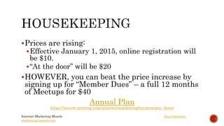http://www.slideshare.net/billspaced/presentations 
A few more resources: 
http://buckbooks.net/900.html 99 cent books 
http://amzn.to/1uWrr9E Facebook marketing 
 