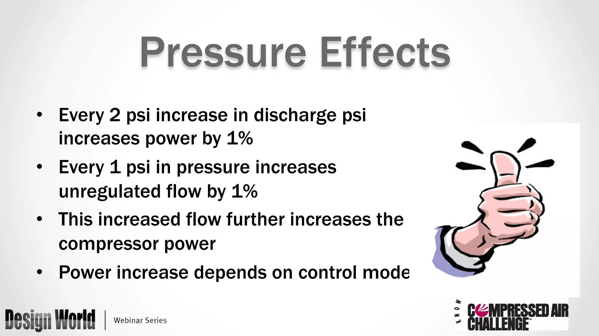 Pressure Effects 
• Every 2 psi increase in discharge psi 
increases power by 1% 
• Every 1 psi in pressure increases 
unregulated flow by 1% 
• This increased flow further increases the 
compressor power 
• Power increase depends on control mode 
 