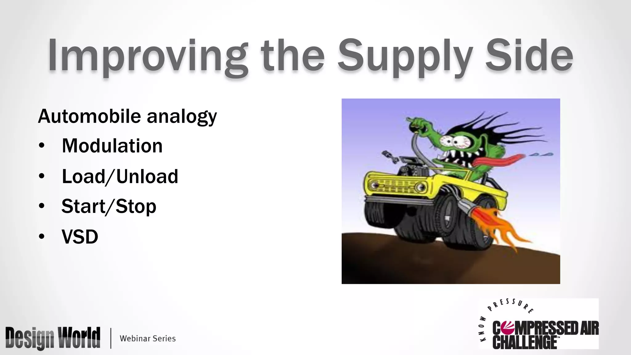 Improving the Supply Side 
Automobile analogy 
• Modulation 
• Load/Unload 
• Start/Stop 
• VSD 
 