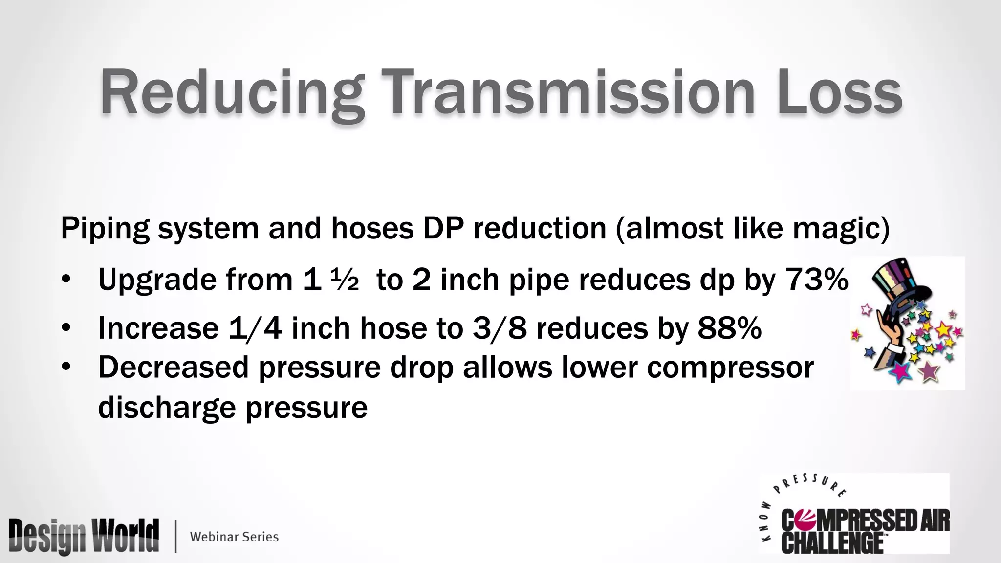Reducing Transmission Loss 
Piping system and hoses DP reduction (almost like magic) 
• Upgrade from 1 ½ to 2 inch pipe reduces dp by 73% 
• Increase 1/4 inch hose to 3/8 reduces by 88% 
• Decreased pressure drop allows lower compressor 
discharge pressure 
 