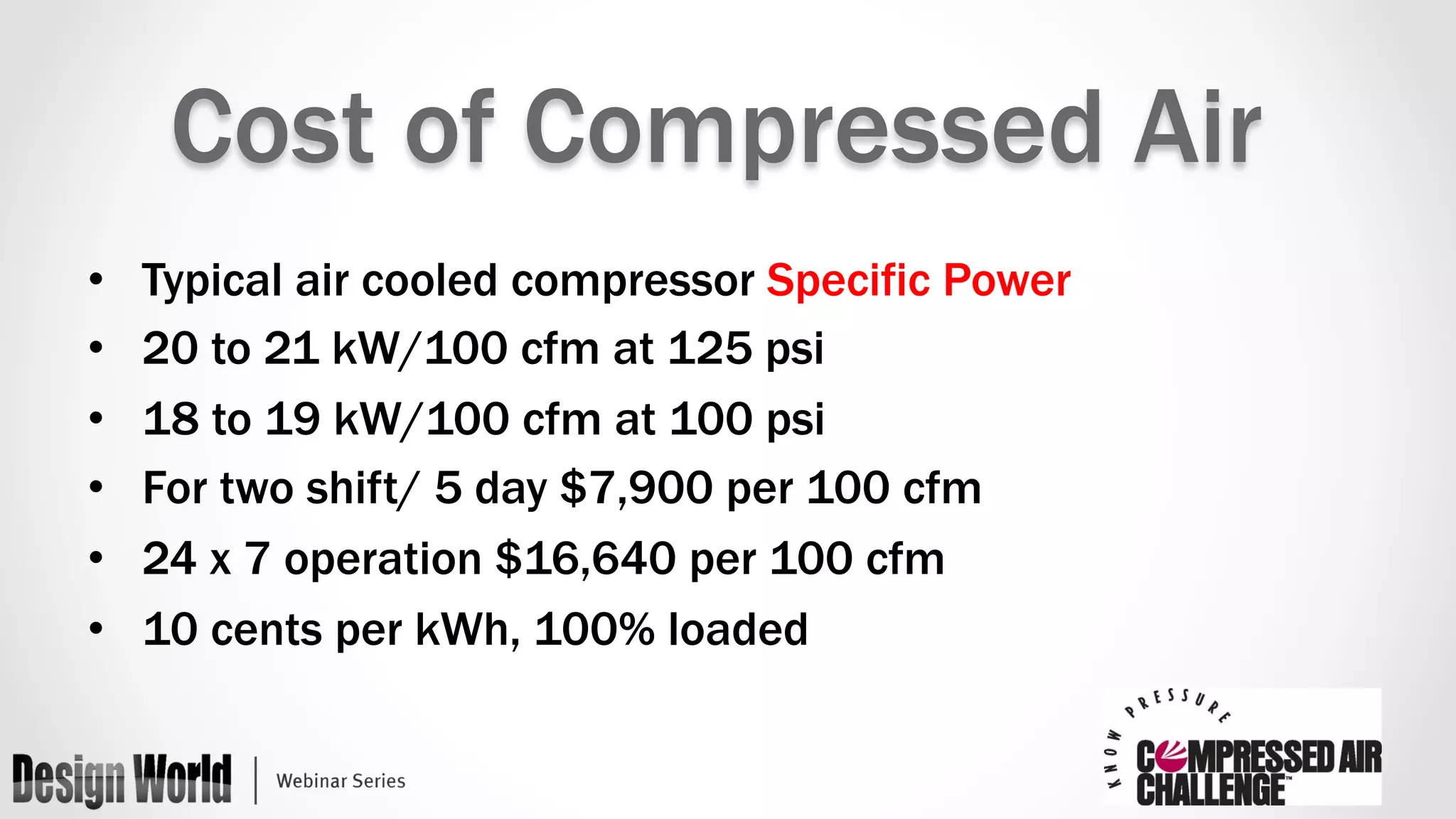 Cost of Compressed Air 
• Typical air cooled compressor Specific Power 
• 20 to 21 kW/100 cfm at 125 psi 
• 18 to 19 kW/100 cfm at 100 psi 
• For two shift/ 5 day $7,900 per 100 cfm 
• 24 x 7 operation $16,640 per 100 cfm 
• 10 cents per kWh, 100% loaded 
 
