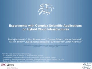 Experiments with Complex Scientific Applications 
on Hybrid Cloud Infrastructures 
Maciej'Malawski1,2,'Piotr'Nowakowski1,'Tomasz'Gubała1,'Marek'Kasztelnik1,' 
Marian'Bubak1,2,'Rafael'Ferreira'da'Silva3,'Ewa'Deelman3,'Jarek'Nabrzyski4' 
' 
NSFCloud'Workshop'on'Experimental'Support'for'Cloud'CompuOng' 
December'11Q12,'2014,'Arlington,'VA' 
AGH University of Science and Technology: 
1 ACC Cyfronet AGH, ul. Nawojki 11, 30-950 Kraków, Poland 
2 Department of Computer Science, al. Mickiewicza 30, 30-095 Kraków, Poland 
3 University of Southern California, Information Sciences Institute, Marina Del Rey, CA, USA 
4 Center for Research Computing, University of Notre Dame, IN, USA 
 