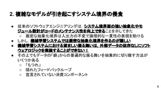 2. 複雑なモデルが引き起こすシステム境界の侵食 
● 従来のソフトウェアエンジニアリングは，システム境界面の強い抽象化や 
モジュール設計がコードのメンテナンス性を向上できることを示してきた 
o 厳密な抽象化境界は入出力の不変で論理的な一貫性の表現を助ける 
● しかし，機械学習システムでは厳密な抽象化境界を作るのが難しい 
● 機械学習システムにおける望ましい振る舞いは，外部データの依存なし 
にソフトウェアロジックを実装することができない！ 
● その上でもデータの「癖」からの普遍的な振る舞いを抽象的に切り離す方 
法がいくつかある 
o 「もつれ」 
o 隠れたフィードバックループ 
o 宣言されていない消費コンポーネント 
8 
 