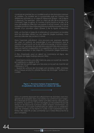 44 © Copyright Date de parution: décembre 2014
Figure 1. Processus typique d’apprentissage,
d’exploitation des données et création de valeur
Dans un système disposant de suffisamment de données, il est ima-
ginable de se projeter dans une solution ne contenant que l’objec-
tif à atteindre et où les règles métier sont elles-mêmes déduites par
le système. Aujourd’hui, ce sont ces règles qui nécessitent le plus de
temps et de ressources humaines (data analysts notamment). Les
algorithmes et concepts mathématiques utilisés pour la prédiction
sont très similaires d’une tâche à l’autre. C’est notamment la dé-
finition des objectifs et des contraintes qui s’avère être la tâche la
plus complexe.
construire en premier lieu un modèle basé sur des données connues
et validées. Ce modèle sert à comprendre quel est l’impact des
différentes données sur un objectif déterminé (Etape 1 de la figure
ci-dessous). Par exemple : pour un client de site de e-commerce,
comment l’âge, le genre, le nombre d’amis inscrits sur le site, et le
pays de résidence affectent son panier d’achat moyen. Une fois le
modèle constitué, il peut être exploité pour prédire le panier d’achat
moyen d’un nouveau client (Etape 2 de la figure ci-dessous).
Enfin, en fonction d’objectifs à atteindre et connaissant la manière
dont les données influent sur ces objectifs (règles business), nous
pouvons décider des actions à mener.
Dans l’exemple précédent, nous pouvons par exemple décider
de créer un système de parrainage si nous remarquons que le
nombre d’amis inscrits sur le site affecte le panier d’achat moyen.
Selon le cas, certaines de ces décisions peuvent être semi-automa-
tisées en mettant à disposition d’un algorithme, un jeu d’opérations
possibles associées à des objectifs / contraintes (règles business).
A titre d’exemple, pour un géant du commerce en ligne, des
exemples de règles business peuvent être :
- Maximiser le revenu par client dans les pays où la part de marché
est supérieure ou égale à 10 %
- Maximiser les parrainages pour les pays où la part de marché est
inférieure à 10 %
- Quand les surfaces de stockage sont remplies à 80%, minimiser
pour chaque produit la variable (temps de stockage * surface oc-
cupée)
 