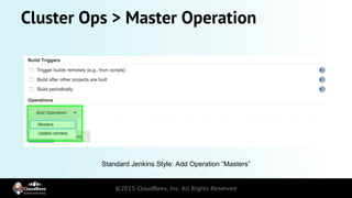 Cluster Ops > Master Operation
Standard Jenkins Style: Add Operation “Masters”
 