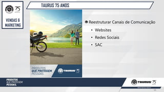 11
Reestruturar Canais de Comunicação
• Websites
• Redes Sociais
• SAC
VENDAS &
MARKETING
TAURUS 75 ANOS
 