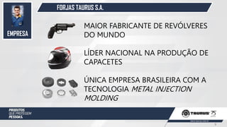 EMPRESA
MAIOR FABRICANTE DE REVÓLVERES
DO MUNDO
LÍDER NACIONAL NA PRODUÇÃO DE
CAPACETES
ÚNICA EMPRESA BRASILEIRA COM A
TECNOLOGIA METAL INJECTION
MOLDING
FORJAS TAURUS S.A.
3
 