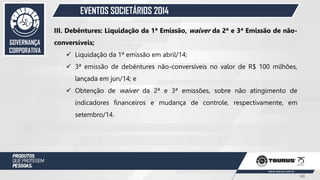 EVENTOS SOCIETÁRIOS 2014
III. Debêntures: Liquidação da 1ª Emissão, waiver da 2ª e 3ª Emissão de não-
conversíveis;
 Liquidação da 1ª emissão em abril/14;
 3ª emissão de debêntures não-conversíveis no valor de R$ 100 milhões,
lançada em jun/14; e
 Obtenção de waiver da 2ª e 3ª emissões, sobre não atingimento de
indicadores financeiros e mudança de controle, respectivamente, em
setembro/14.
GOVERNANÇA
CORPORATIVA
60
 