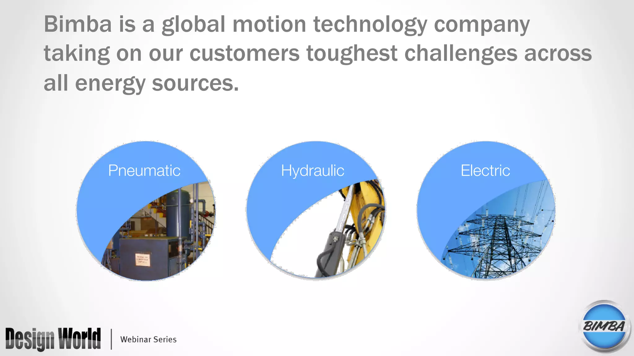 Bimba is a global motion technology company
taking on our customers toughest challenges across
all energy sources.
Pneumatic
 Electric
Hydraulic
 
