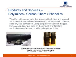 Telexca, Inc. http://www.telexca.com
Products and Services –
Polyimides / Carbon Fibers / Phenolics
11
• We offer rigid components that also meet high heat and strength
applications that can be reinforced with stainless steel. We can
build any size component using low pressure vacuum-bagged
laminates and any pre-preg on the market. For first time
applications we can also provide tooling capabilities.
COMPOSITE ECS DUCTING WITH IMPREGNATED
STAINLESS STEEL COMPONENTS
 