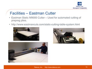 Telexca, Inc. http://www.telexca.com
Facilities – Eastman Cutter
14
• Eastman Static M9000 Cutter – Used for automated cutting of
prepreg plies.
• http://www.eastmancuts.com/static-cutting-table-system.html
 