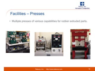 Telexca, Inc. http://www.telexca.com
Facilities – Presses
18
• Multiple presses of various capabilities for rubber extruded parts.
 