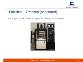 Telexca, Inc. http://www.telexca.com
Facilities – Presses (continued)
19
• Largest press can exert up to 10,000 psi of pressure.
 