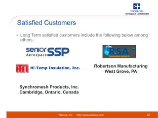Telexca, Inc. http://www.telexca.com
Satisfied Customers
22
• Long Term satisfied customers include the following below among
others.
Robertson Manufacturing
West Grove, PA
Synchromesh Products, Inc.
Cambridge, Ontario, Canada
 