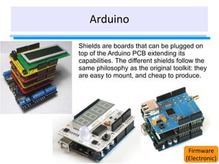Shields are boards that can be plugged on
top of the Arduino PCB extending its
capabilities. The different shields follow the
same philosophy as the original toolkit: they
are easy to mount, and cheap to produce.
Arduino
Firmware
(Electronic)
 