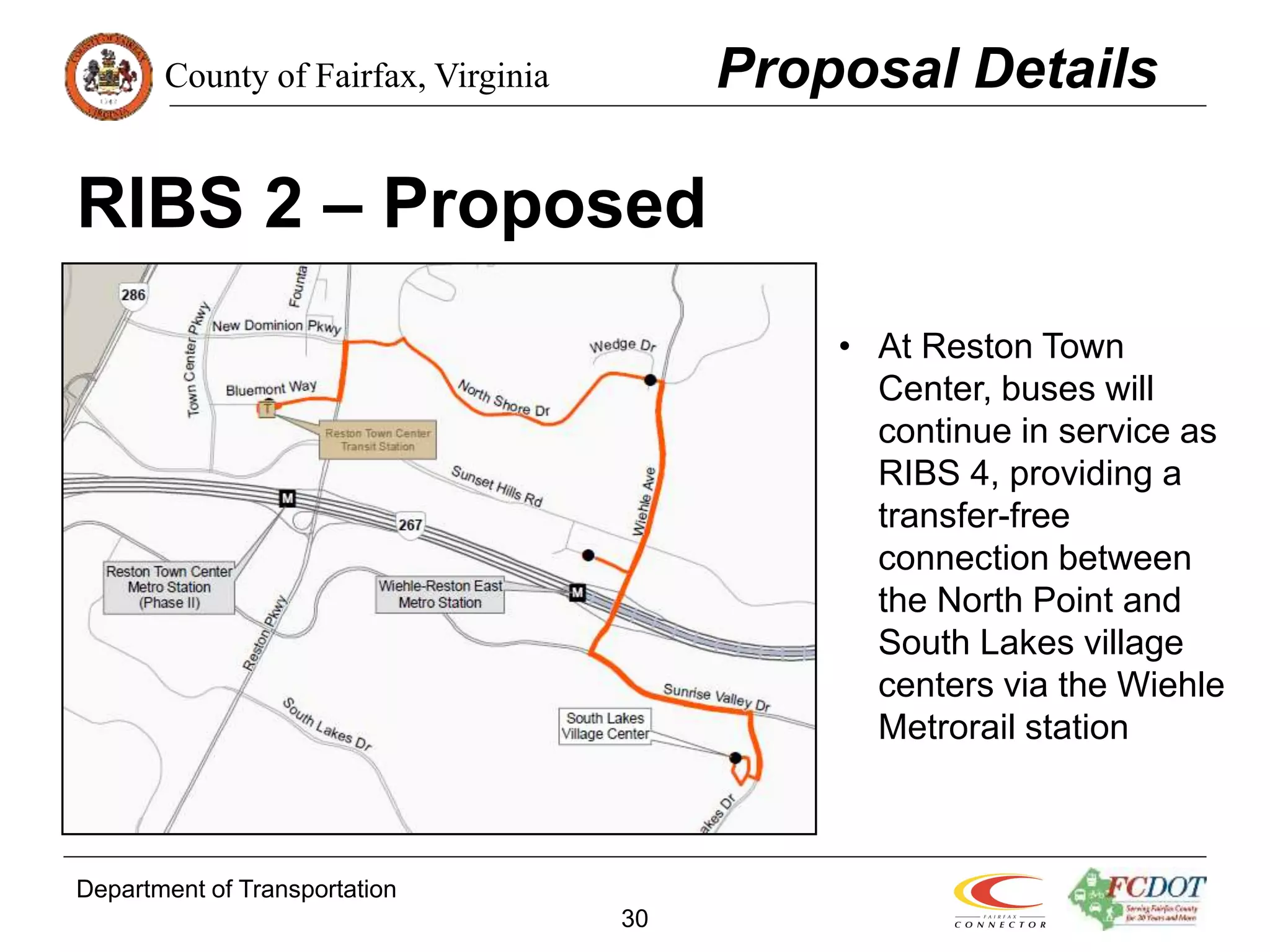 County of Fairfax, Virginia
Department of Transportation
30
RIBS 2 – Proposed
Proposal Details
• At Reston Town
Center, buses will
continue in service as
RIBS 4, providing a
transfer-free
connection between
the North Point and
South Lakes village
centers via the Wiehle
Metrorail station
 