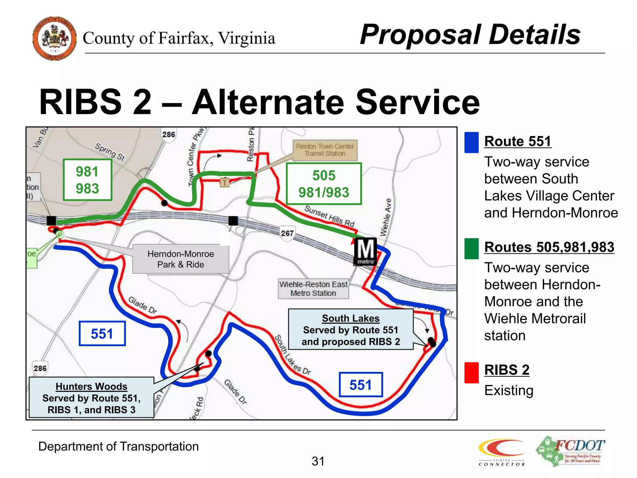 County of Fairfax, Virginia
Department of Transportation
31
RIBS 2 – Alternate Service
Route 551
Two-way service
between South
Lakes Village Center
and Herndon-Monroe
Routes 505,981,983
Two-way service
between Herndon-
Monroe and the
Wiehle Metrorail
station
RIBS 2
Existing
Proposal Details
981
983
551
551
505
981/983
Herndon-Monroe
Park & Ride
Hunters Woods
Served by Route 551,
RIBS 1, and RIBS 3
South Lakes
Served by Route 551
and proposed RIBS 2
 