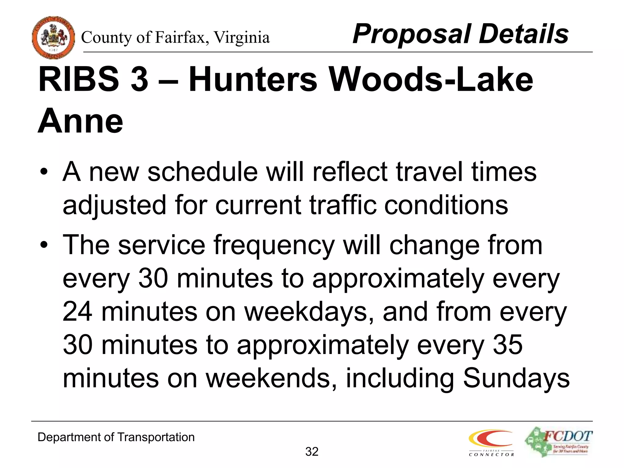 County of Fairfax, Virginia
Department of Transportation
32
RIBS 3 – Hunters Woods-Lake
Anne
• A new schedule will reflect travel times
adjusted for current traffic conditions
• The service frequency will change from
every 30 minutes to approximately every
24 minutes on weekdays, and from every
30 minutes to approximately every 35
minutes on weekends, including Sundays
Proposal Details
 